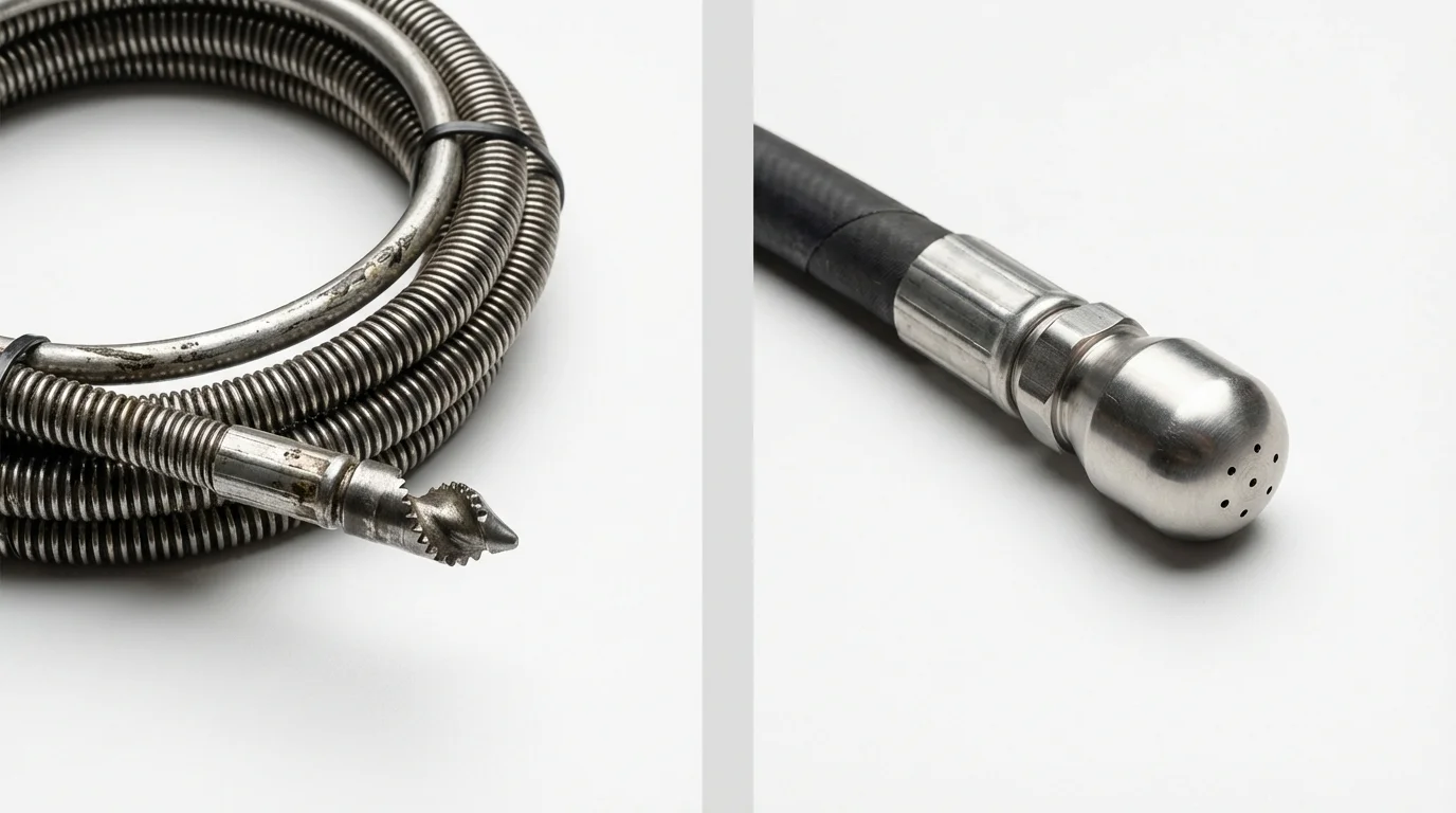 Drain snake cable and hydro jetting nozzle used for drain cleaning in Bloomington, TX