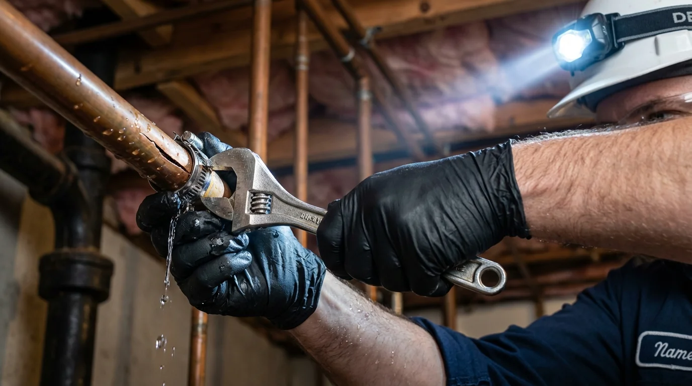 Emergency pipe clamp repair being performed by a Johns Plumbing LLC plumber in Bloomington