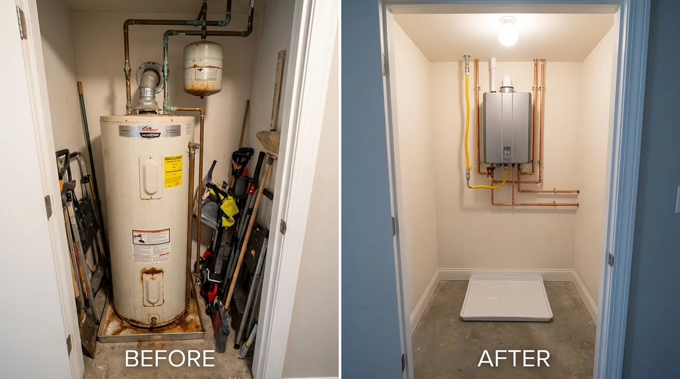 Tank water heater versus wall-mounted tankless unit comparison for Bloomington, TX homeowners