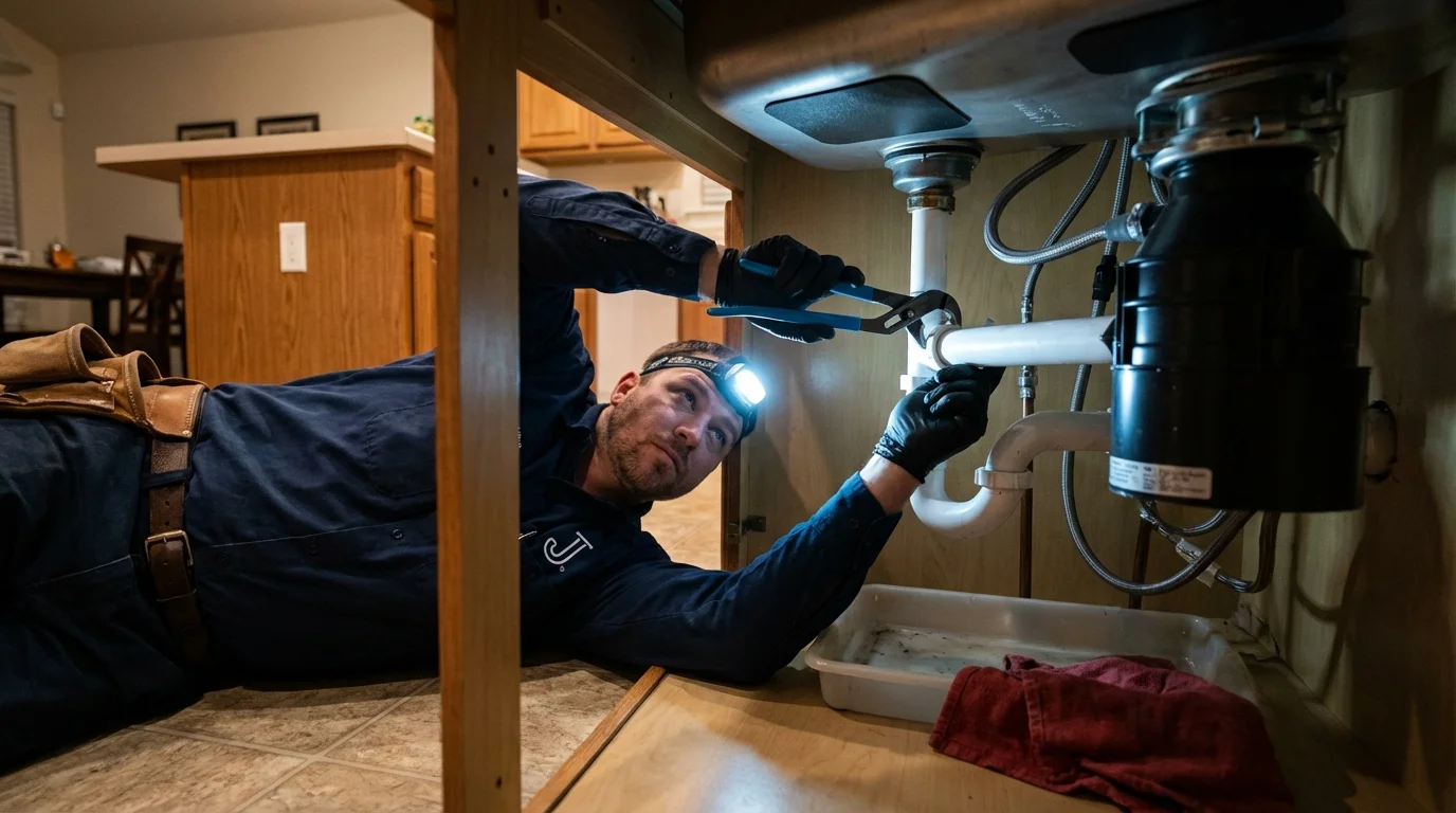 P-trap and supply line connections under a kitchen sink showing a common leak point in Bloomington, TX